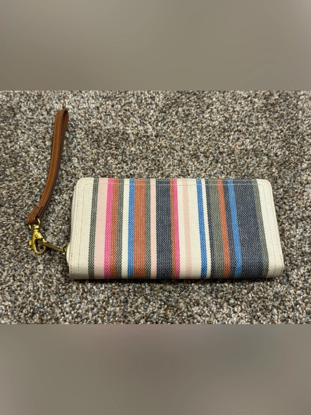 Fossil Striped Canvas Wallet in Pink, Blue, Brown & Cream Fully Zip Around